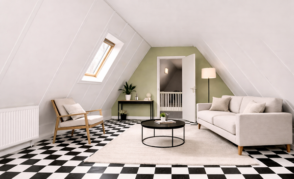 Modern zithoek met zwart-wit vloeren.png